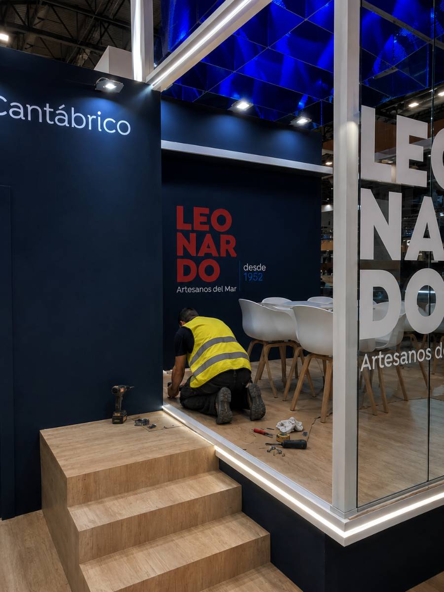 Proceso de fabricación en taller — carpintería y ensamblaje del stand de Leonardo